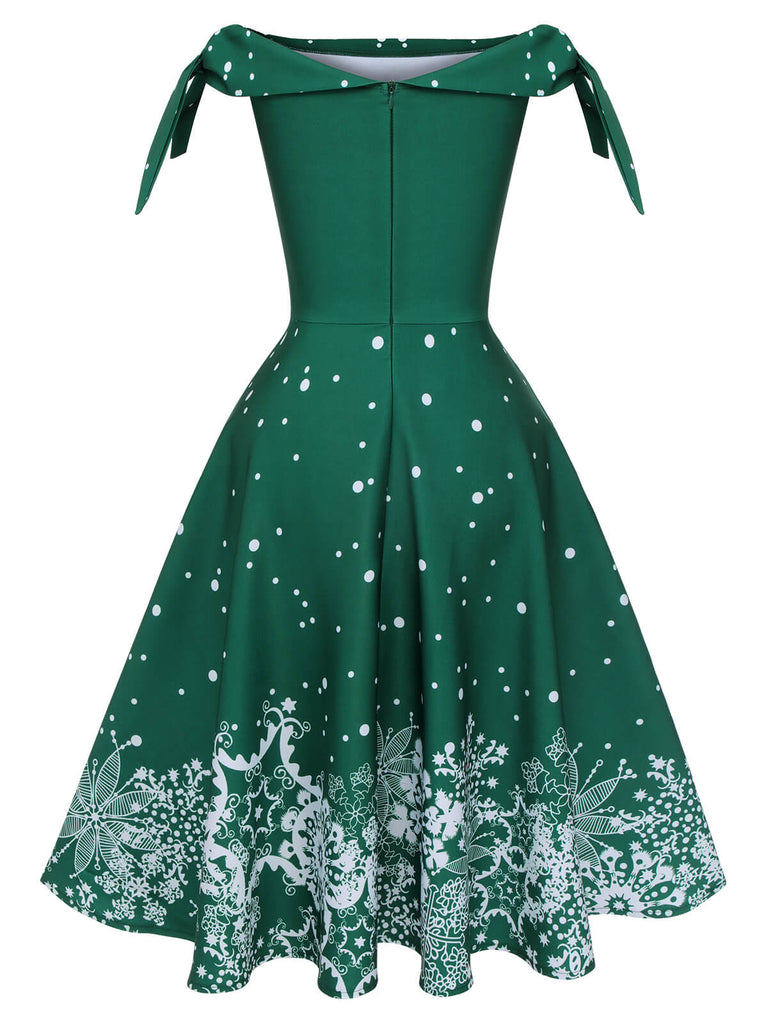 Grün 1950er Weihnachten Schulterfrei Schneeflocke Kleid