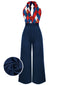Blau 1930er Weihnachten Plaid Spitze Patchwork Jumpsuit