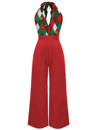 Rot 1930er Weihnachten Plaid Spitze Patchwork Jumpsuit