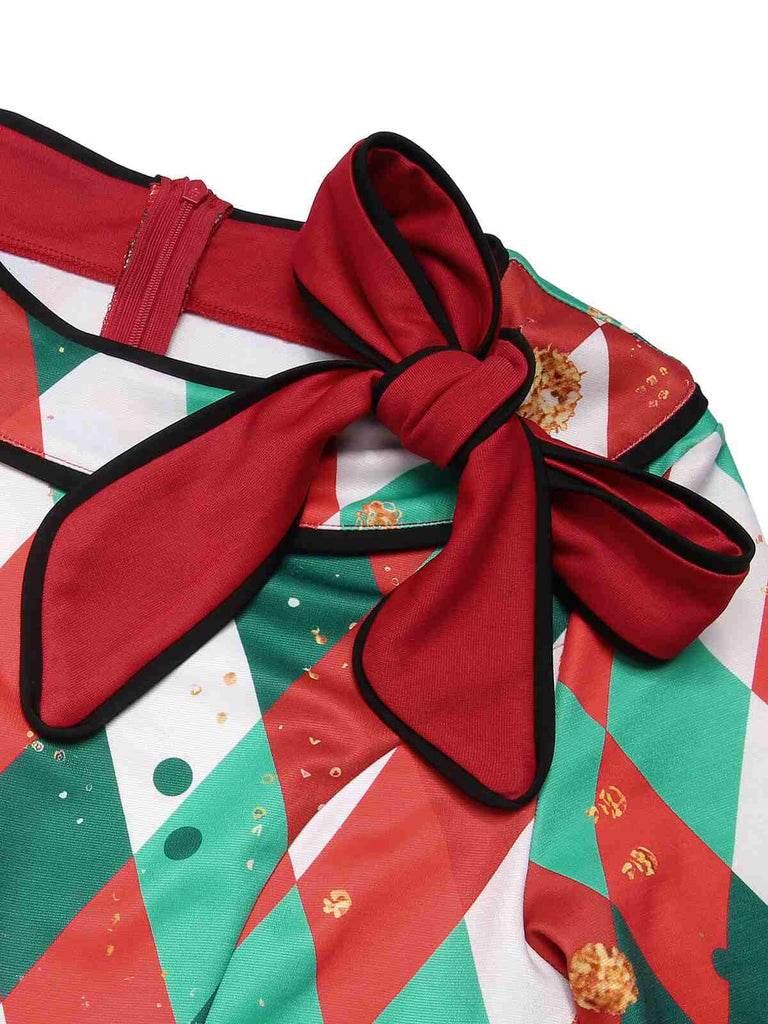 Rotes 1950er Weihnachten Plaids Schleife Dekor Kleid