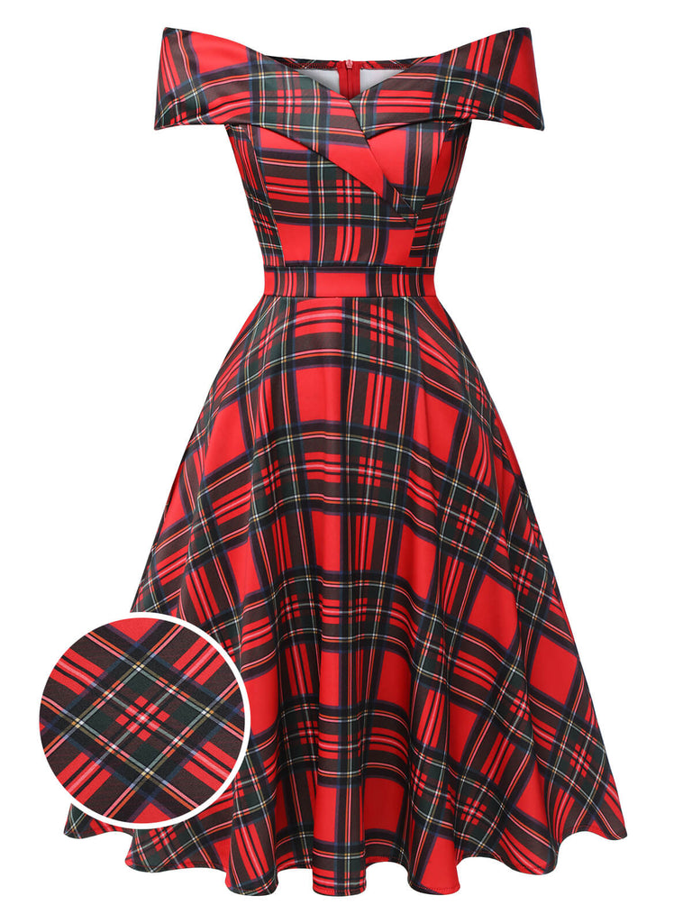 Rotes 1950er Weihnachts-Kariertes Schulterfreies Kleid