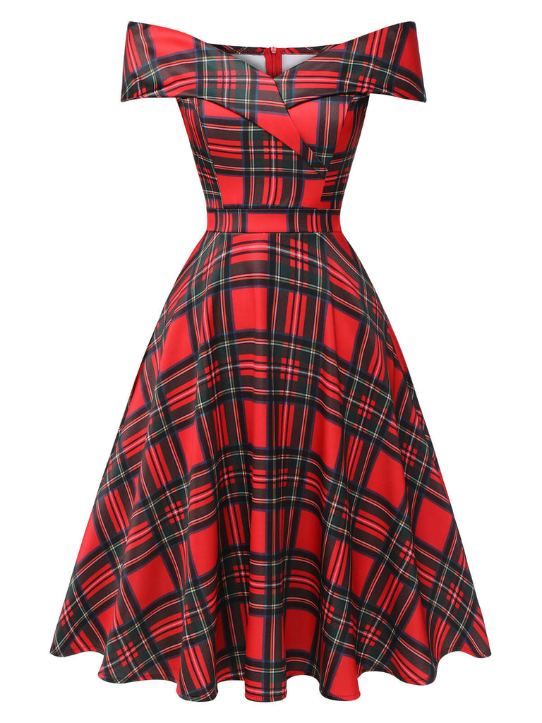 Rotes 1950er Weihnachts-Kariertes Schulterfreies Kleid