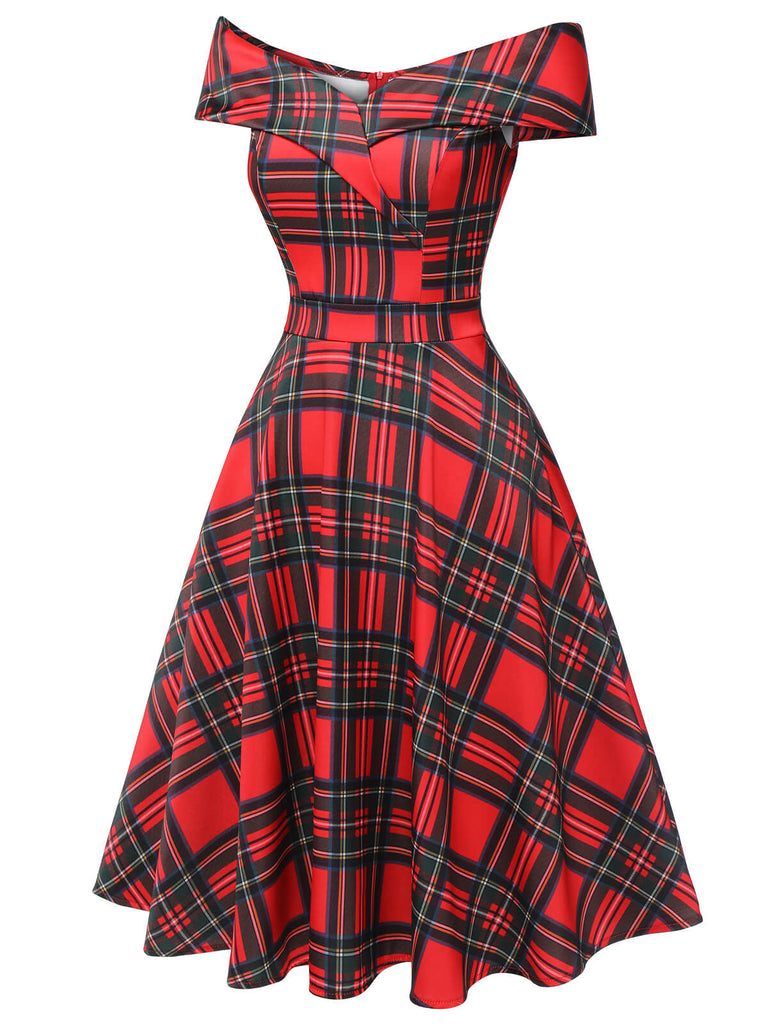 Rotes 1950er Weihnachts-Kariertes Schulterfreies Kleid