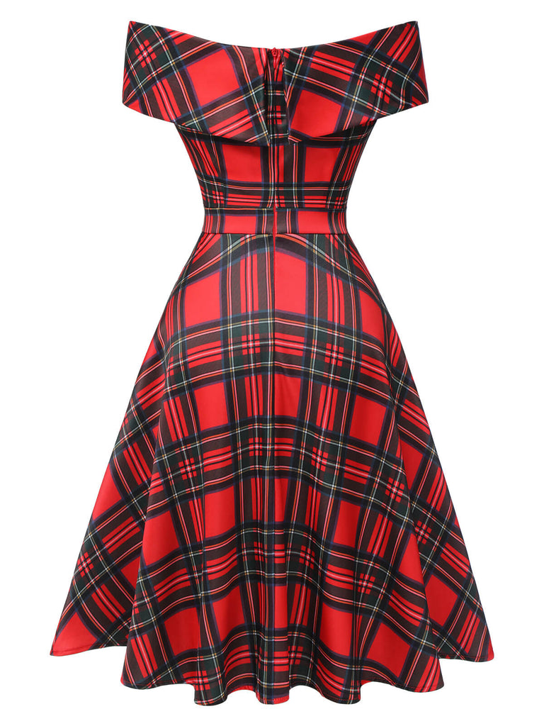 Rotes 1950er Weihnachts-Kariertes Schulterfreies Kleid