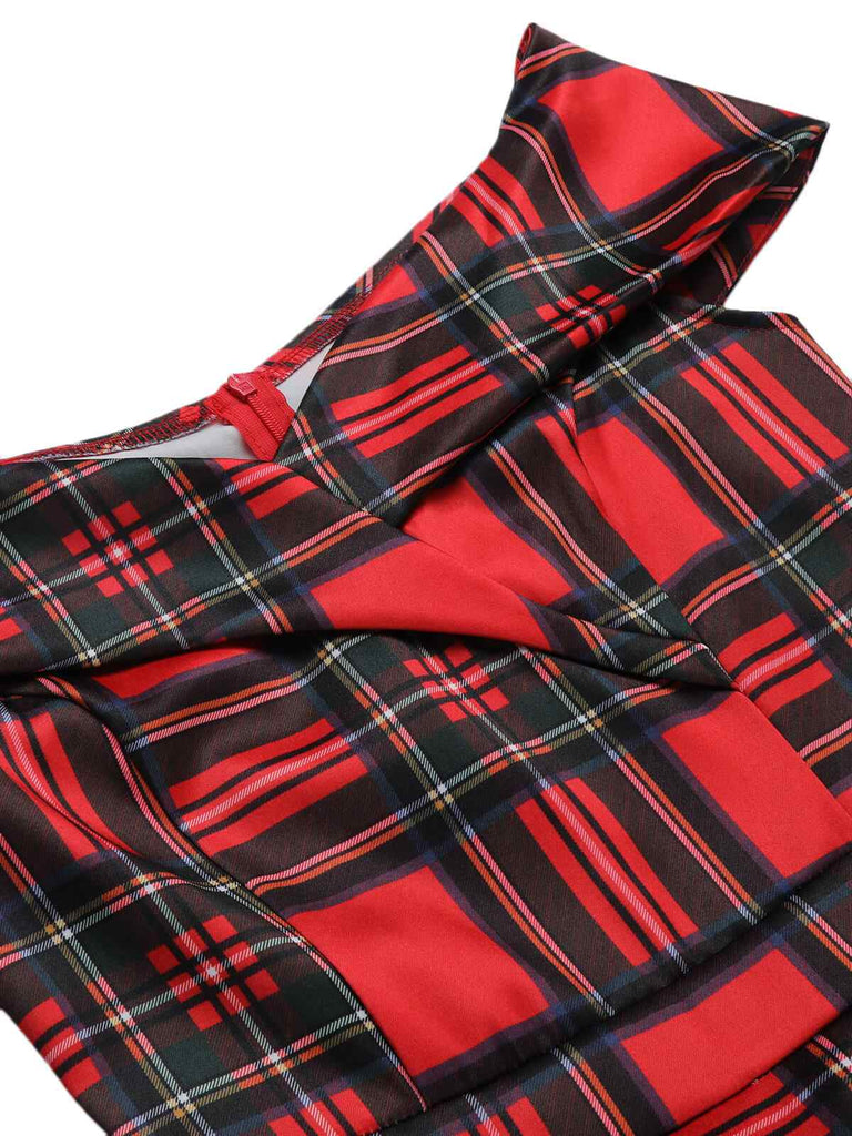 Rotes 1950er Weihnachts-Kariertes Schulterfreies Kleid