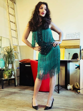 Grün 1920er V-Ausschnitt Paillettenbesetztes Mesh kleid
