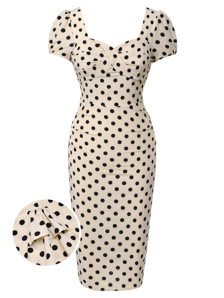 Beige 1960er Tupfen Quadratischer Hals Puffkleid