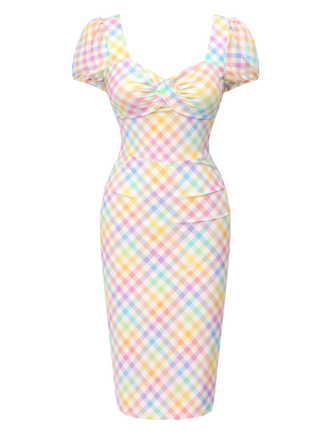 [Vorverkauf] Regenbogen 1960er Kariert Quadratischer Hals Puffkleid