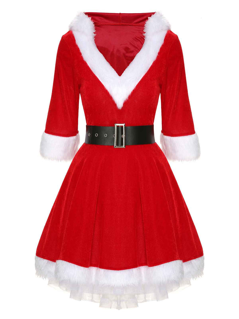 Rot Weihnachten Kapuze Santa Claus Roher Saum Gürtel Kleid