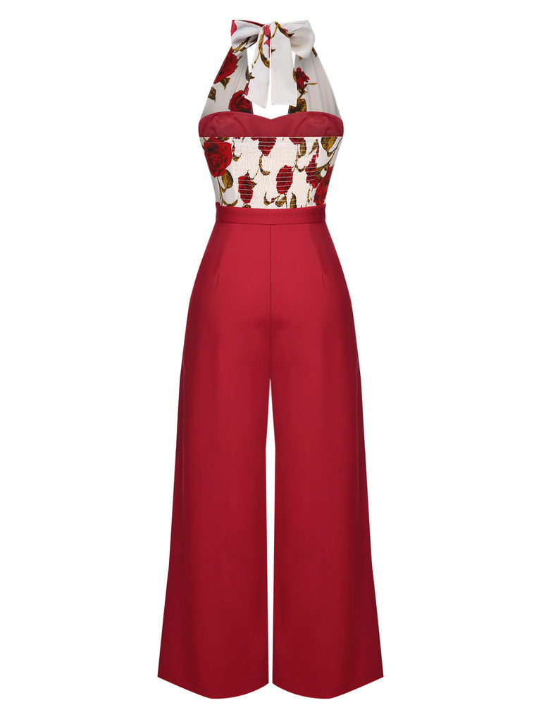 Rot 1930er Halter Tief V-Ausschnitt Rosen Jumpsuit