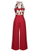 Rot 1930er Halter Tief V-Ausschnitt Rosen Jumpsuit