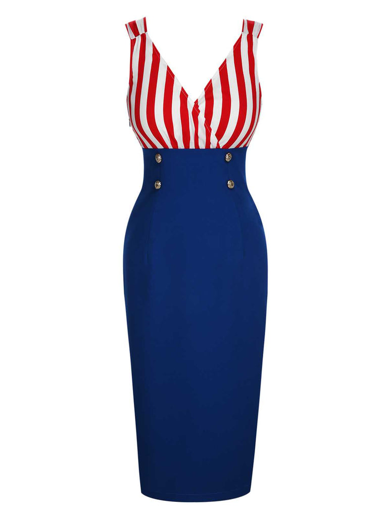 1960er V-Ausschnitt Rot Blau Kontrast Gestreiftes Kleid