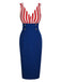 1960er V-Ausschnitt Rot Blau Kontrast Gestreiftes Kleid