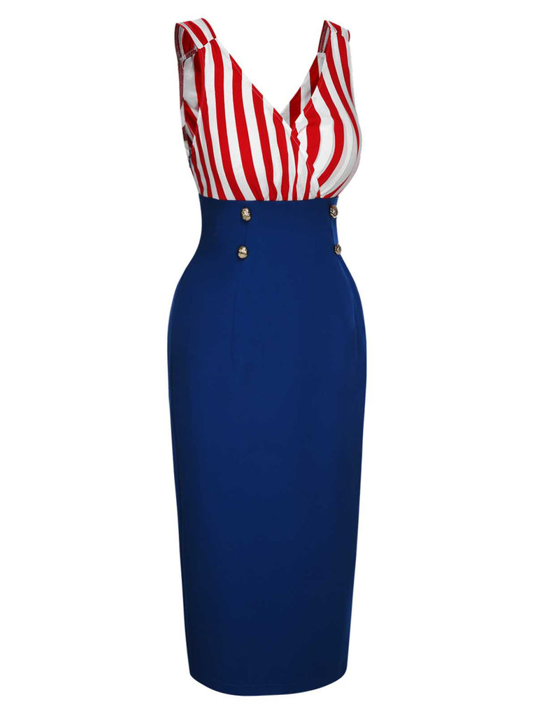 1960er V-Ausschnitt Rot Blau Kontrast Gestreiftes Kleid