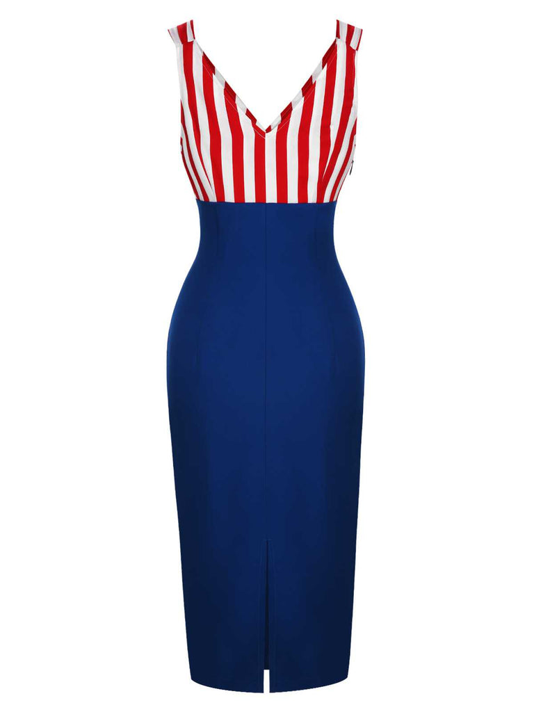 1960er V-Ausschnitt Rot Blau Kontrast Gestreiftes Kleid