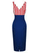 1960er V-Ausschnitt Rot Blau Kontrast Gestreiftes Kleid