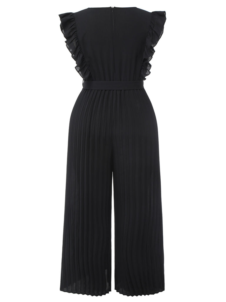 [Übergröße] Schwarz 1930er  Rüsche V-Ausschnitt Plissee Jumpsuit