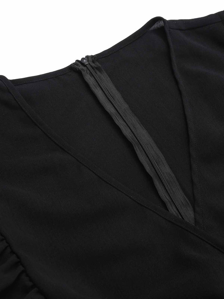 [Übergröße] Schwarz 1930er  Rüsche V-Ausschnitt Plissee Jumpsuit