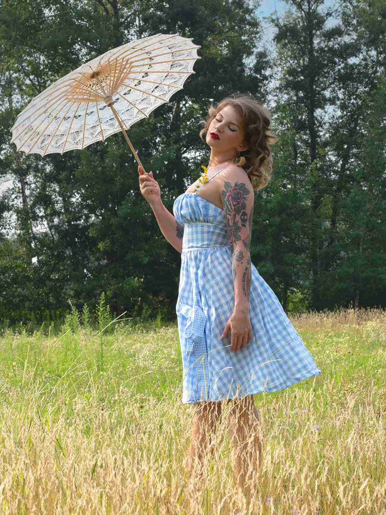 Blau 1950er Spaghettiträger Plaids Schleife Dekor Kleid