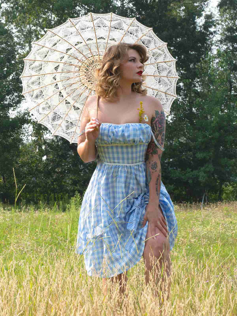 Blau 1950er Spaghettiträger Plaids Schleife Dekor Kleid