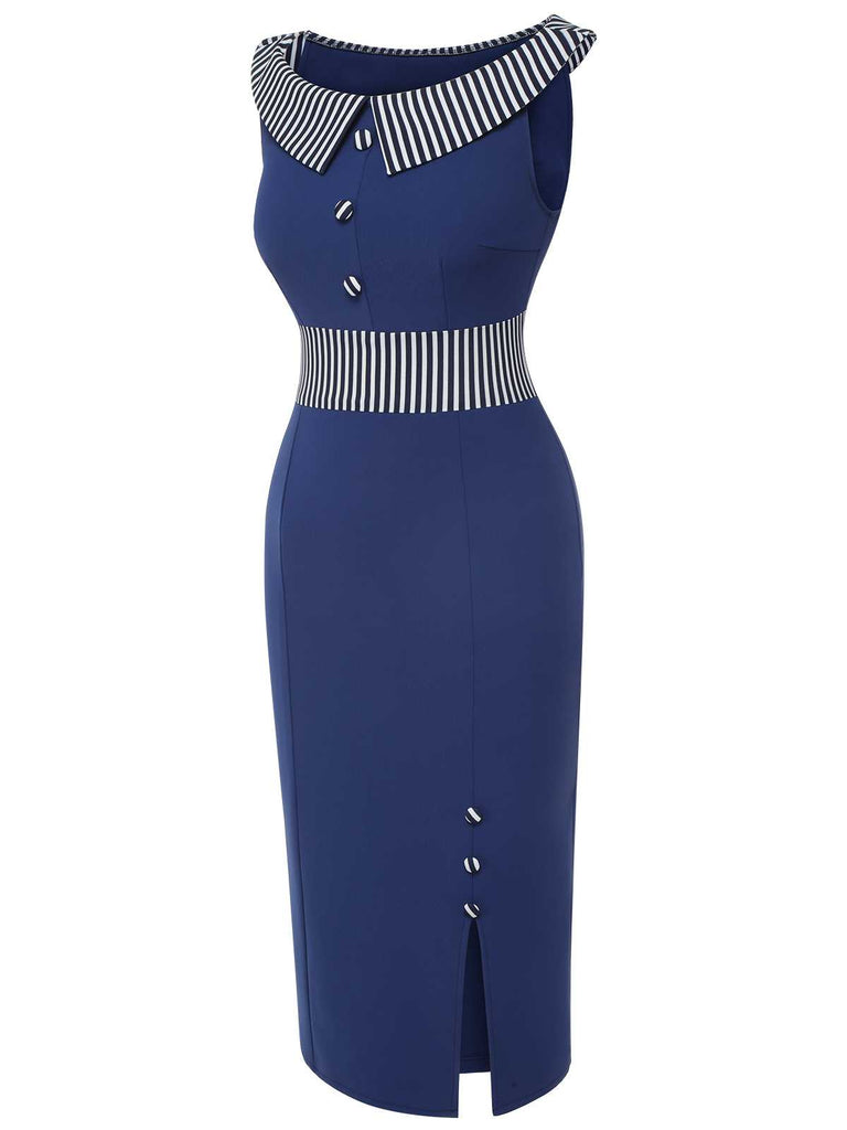 Dunkelblau 1960er Geknöpftes Streifenkleid