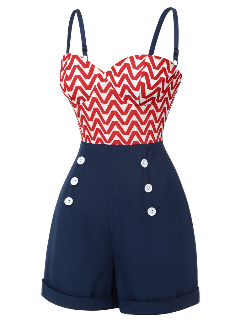 Rot & Blau 1950er Chevron Streifen Gurt Romper