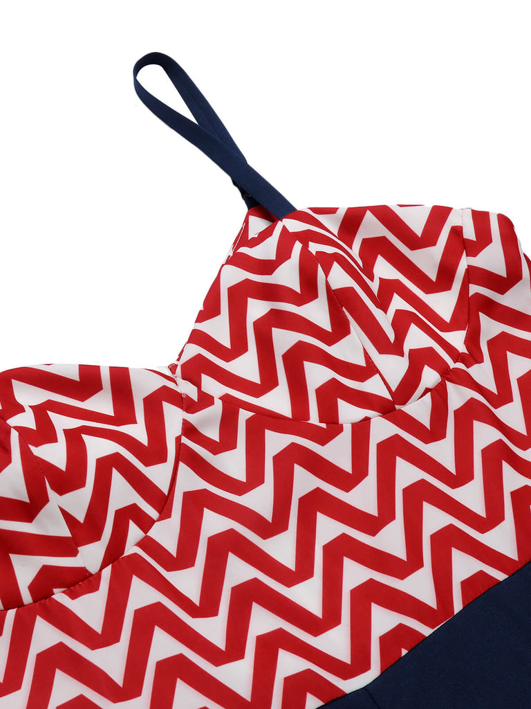 Rot & Blau 1950er Chevron Streifen Gurt Romper