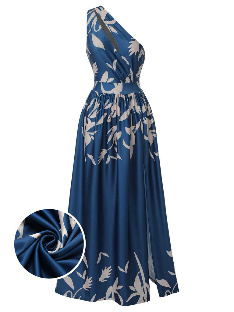 [Vorverkauf] Blau 1940er Eine Schulter Pflanzenschlitz Kleid