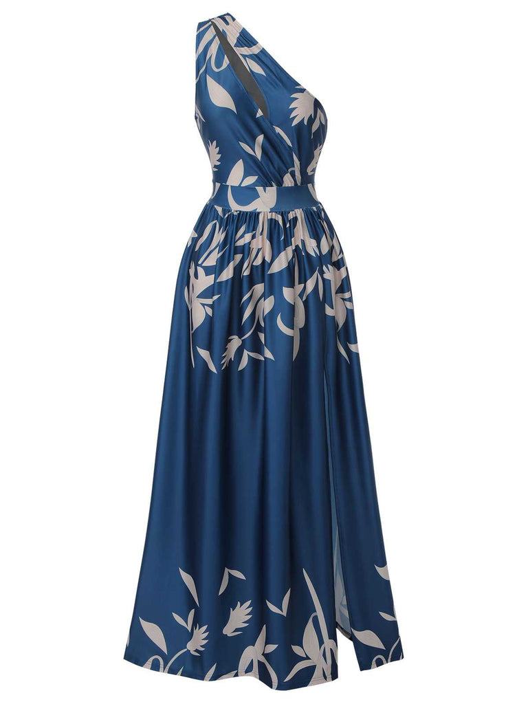 [Vorverkauf] Blau 1940er Eine Schulter Pflanzenschlitz Kleid