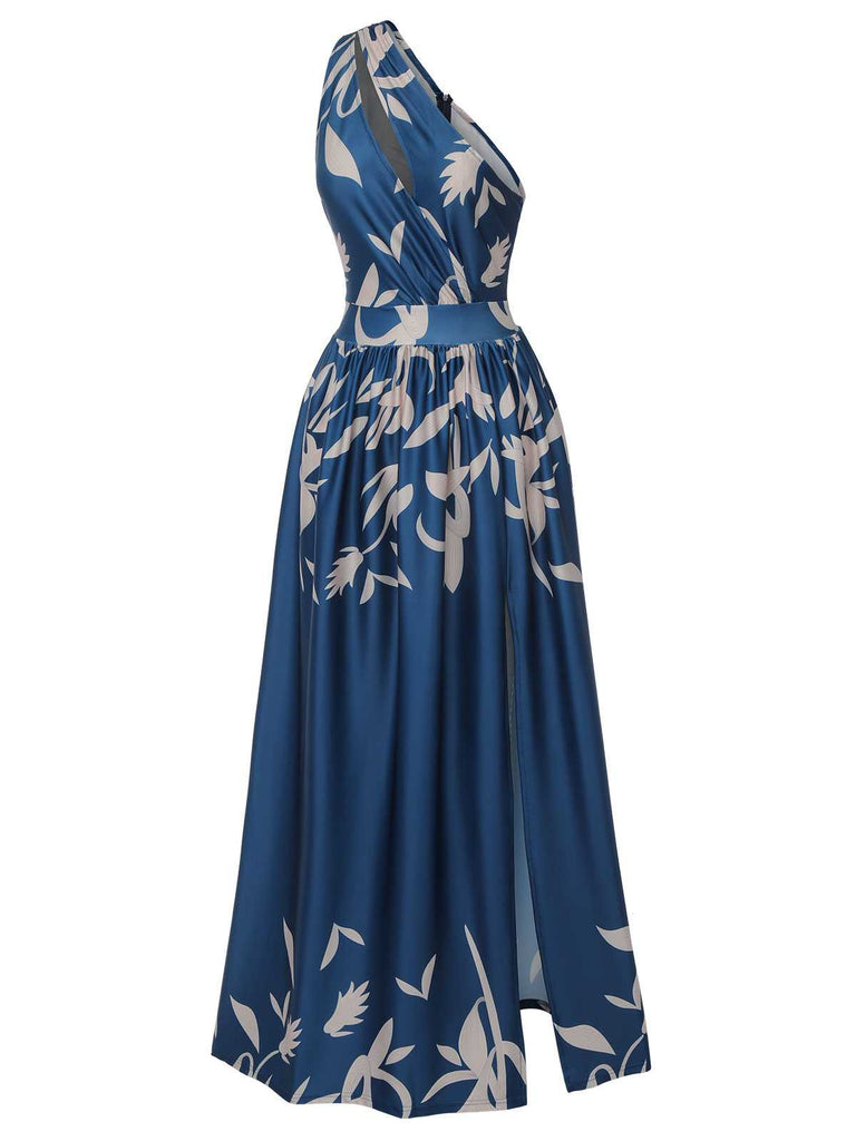 [Vorverkauf] Blau 1940er Eine Schulter Pflanzenschlitz Kleid