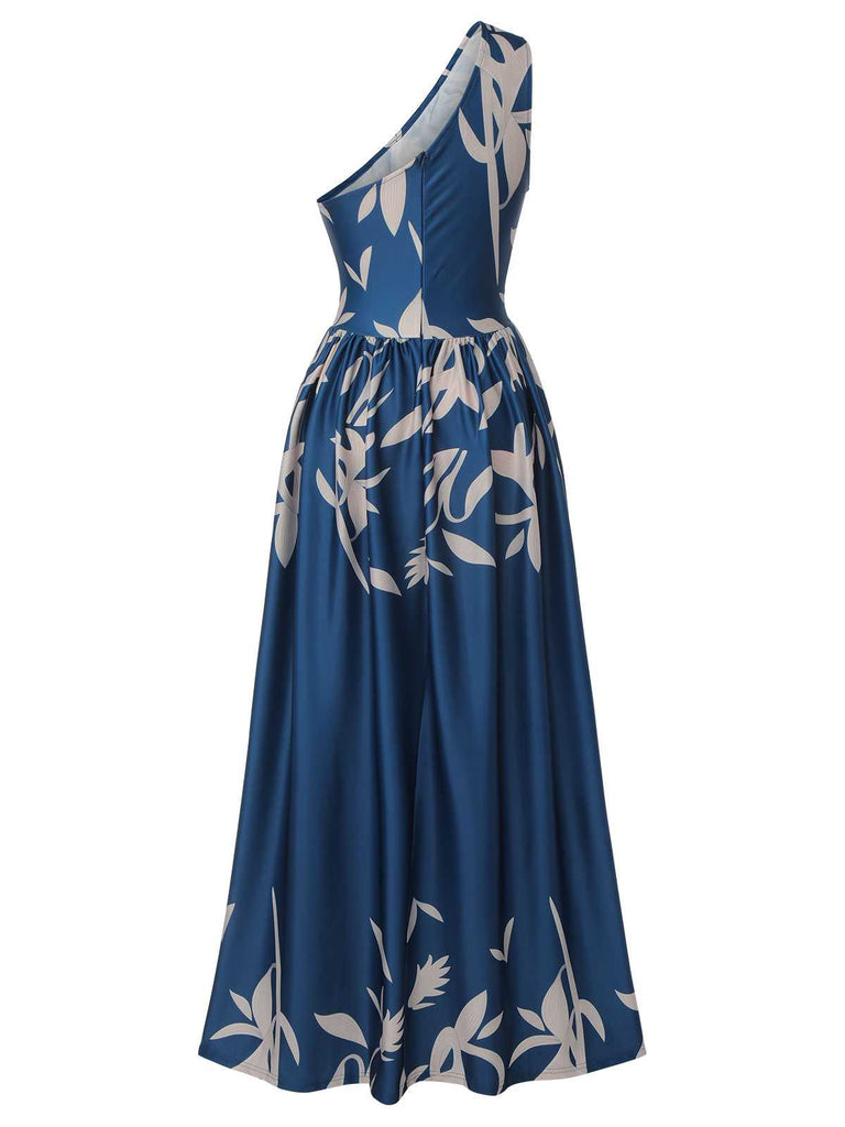 [Vorverkauf] Blau 1940er Eine Schulter Pflanzenschlitz Kleid