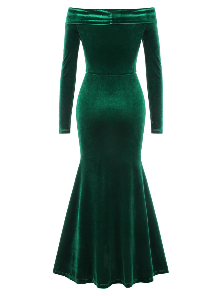 Grün 1930er Samt Off-Schulter Ruffle-Trim Meerjungfrauenkleid
