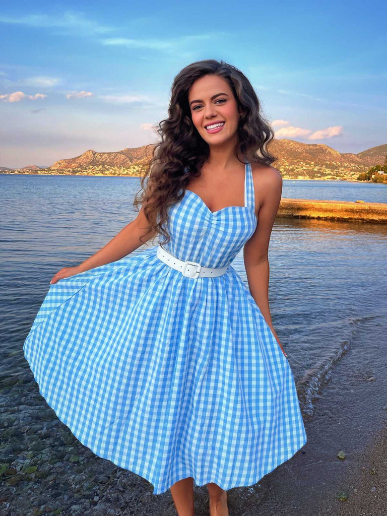 Hellblau 1950er Kariert Halter Swing Kleid