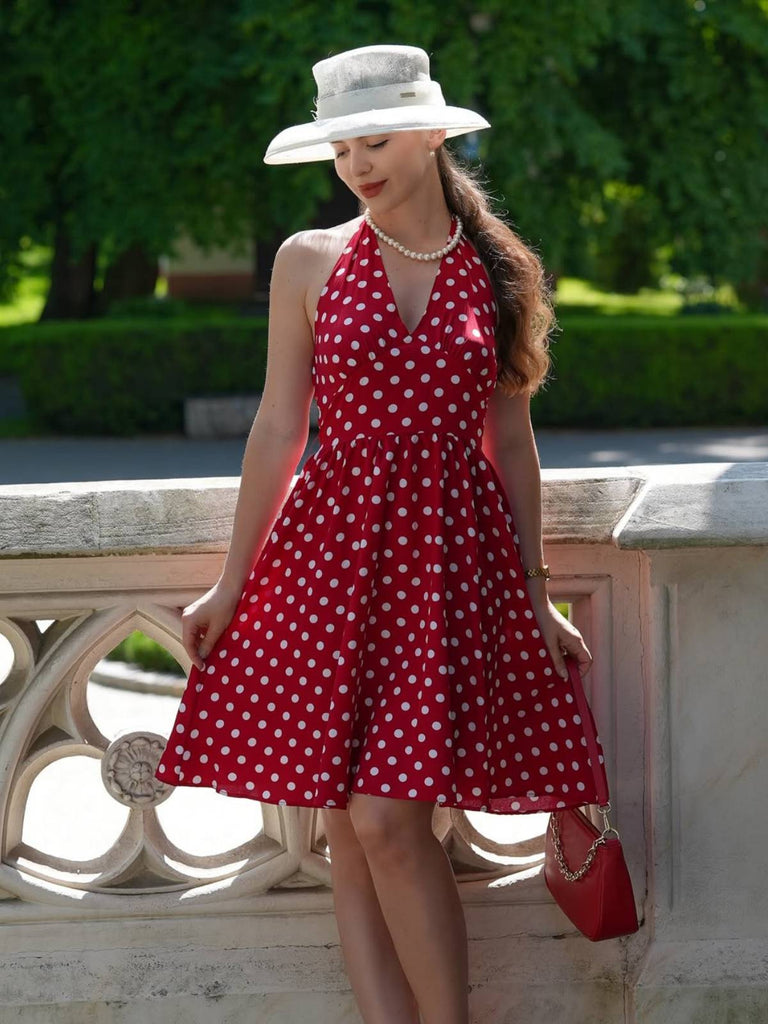Rot 1950er Polka Dot Halter Kleid