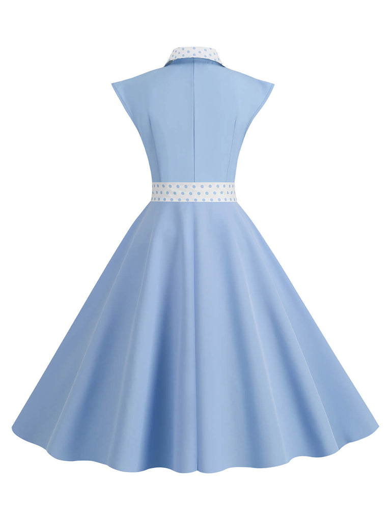 Himmelblau 1950er Kontrastierenden Tupfen Schleifenknoten Gürtelkleid
