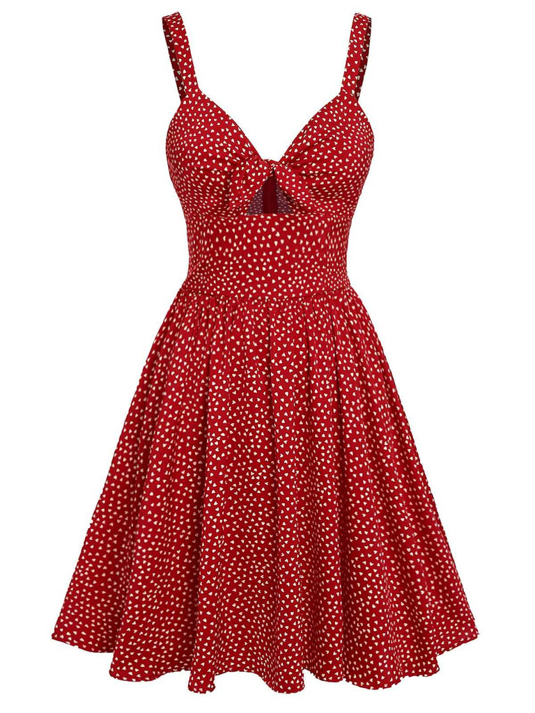 Rot 1950er Spaghetti Träger Herz Bedrucktes Kleid