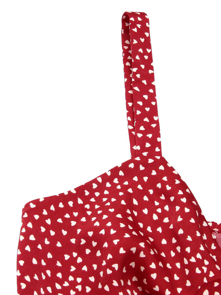 Rot 1950er Spaghetti Träger Herz Bedrucktes Kleid