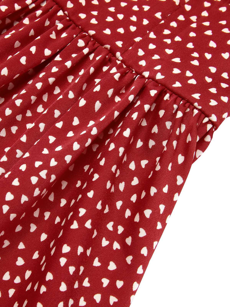 Rot 1950er Spaghetti Träger Herz Bedrucktes Kleid
