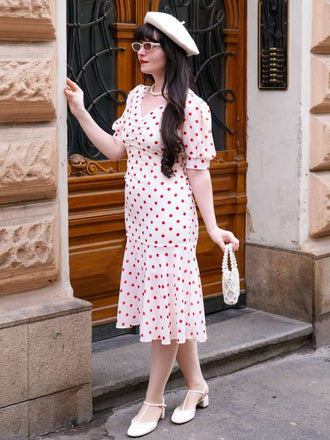 Beige 1930er Polka Dot Meerjungfrauenkleid