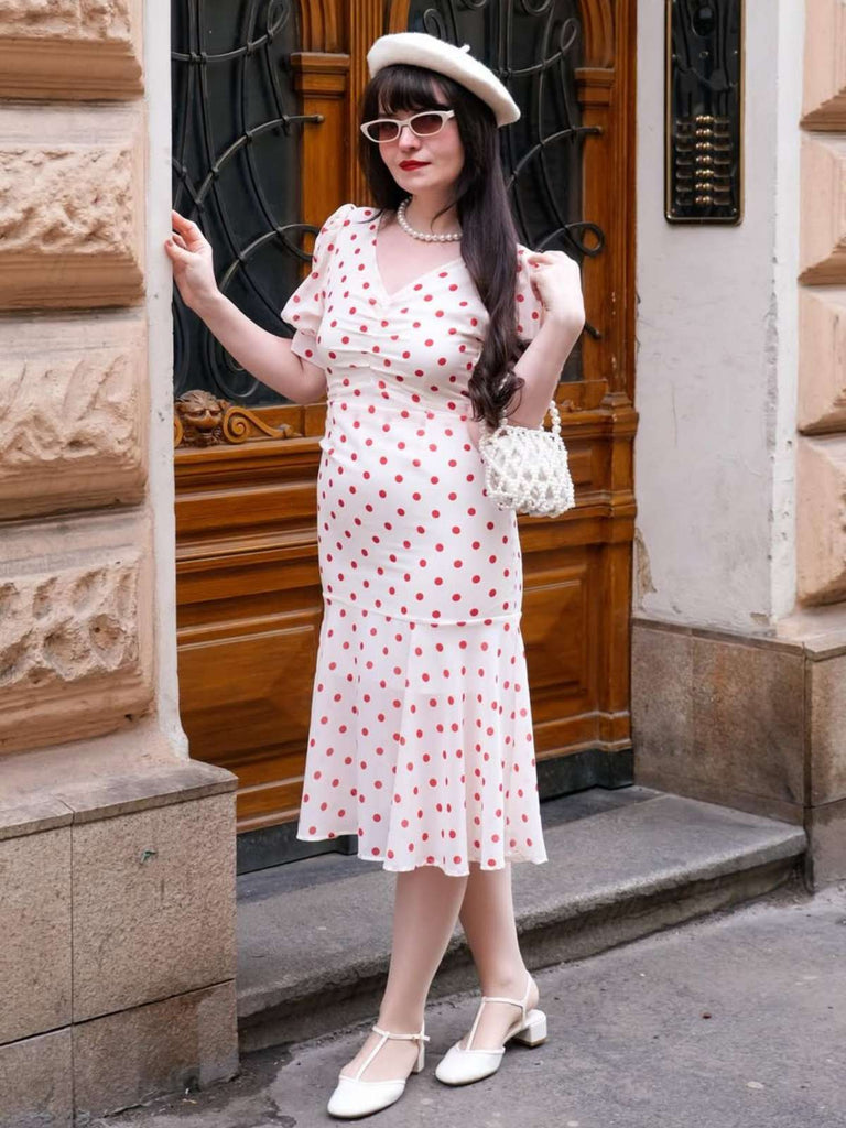 Beige 1930er Polka Dot Meerjungfrauenkleid