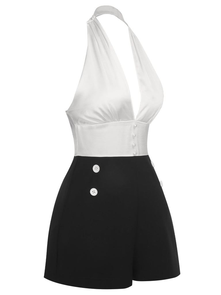 Weiß & Schwarz 1950er Deep-V Halter Romper