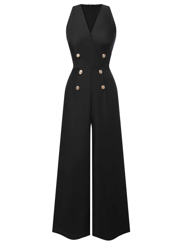 Blau 1950er Ärmellos Geknöpft Solide Jumpsuit