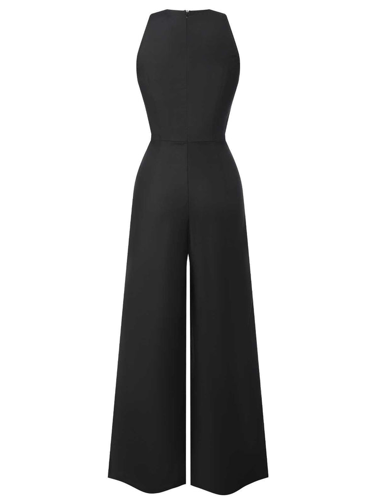 Blau 1950er Ärmellos Geknöpft Solide Jumpsuit