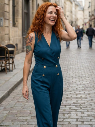 Blau 1950er Ärmellos Geknöpft Solide Jumpsuit