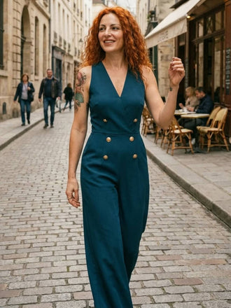 Blau 1950er Ärmellos Geknöpft Solide Jumpsuit