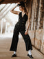 Schwarz 1950er Ärmellos Geknöpft Solide Jumpsuit