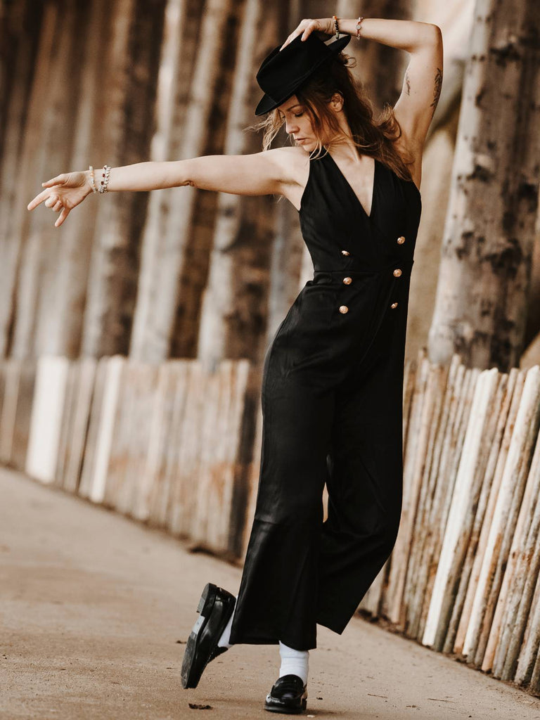 Schwarz 1950er Ärmellos Geknöpft Solide Jumpsuit