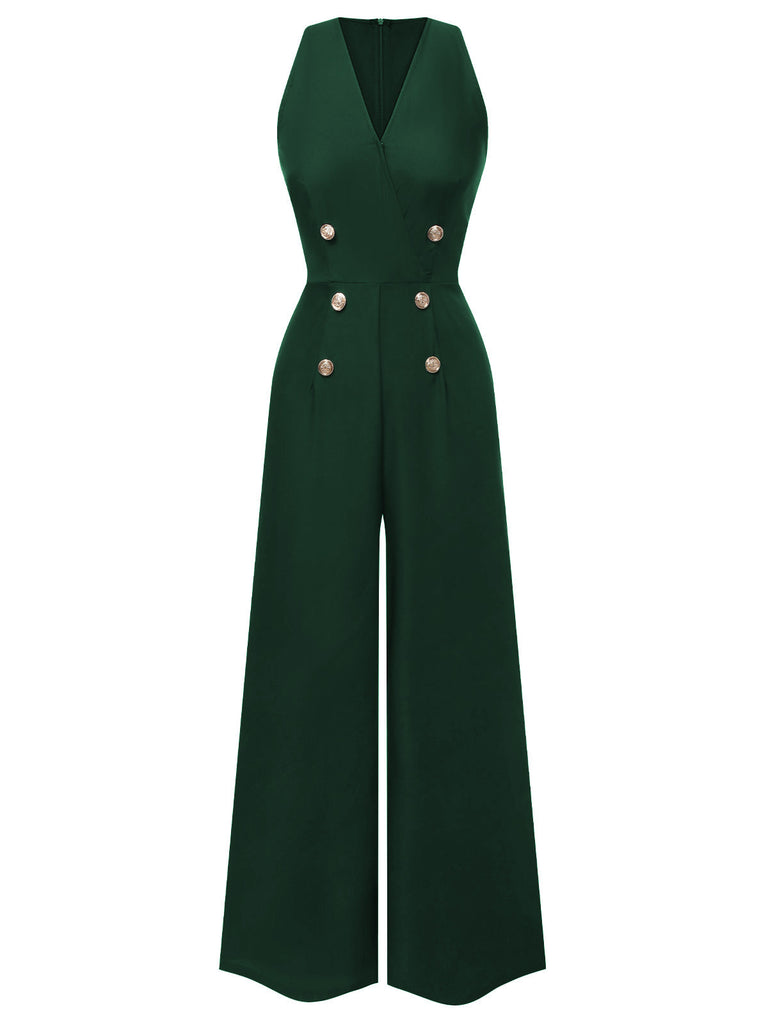 Blau 1950er Ärmellos Geknöpft Solide Jumpsuit