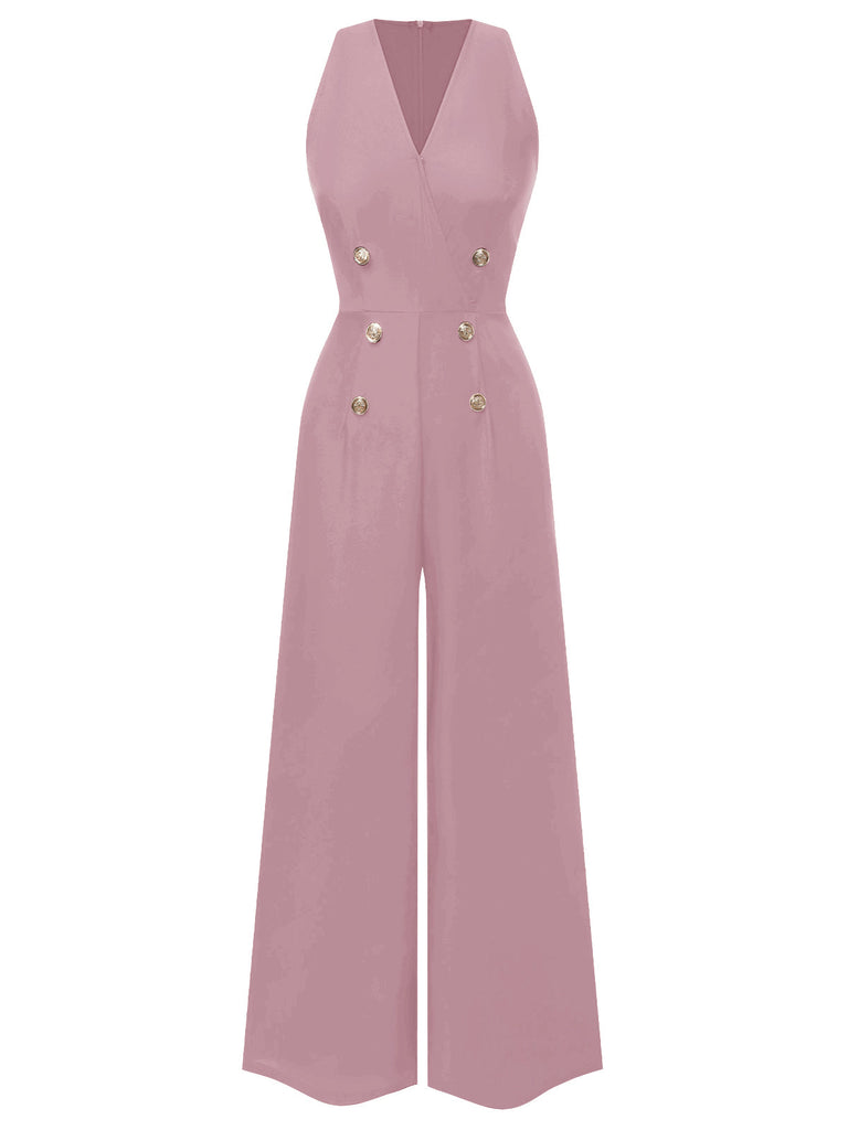 Blau 1950er Ärmellos Geknöpft Solide Jumpsuit