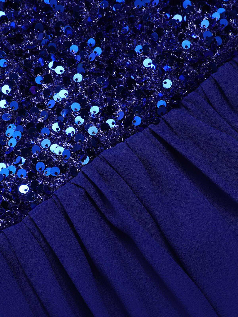 Königsblau 1920er Paillettenbesetztes Herzausschnitt Maxikleid